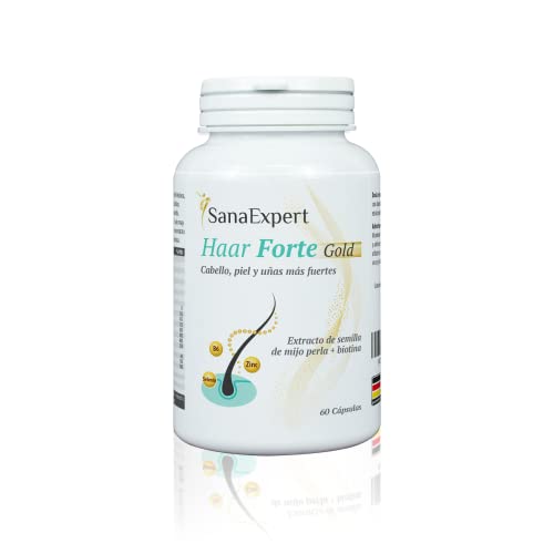 SanaExpert Haar Forte Gold | Zinc, extracto de semilla de mijo perla, Biotina, Vitamina B12, Melanina, para el crecimiento del cabello | Ingredientes naturales. Fabricado en Alemania