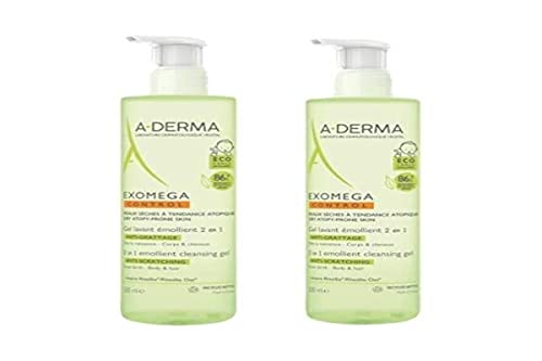 A-derma Exomega Control Gel Limpiador Emoliente 2 en 1 Cabello y Cuerpo, 2 x 500 ml