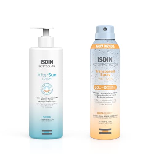 ISDIN After Sun Lotion, Efecto calmante y refrescante, hidratación y reparación intensa - 400 ml+Fotoprotector Transparent Wet Skin SPF 50 - Protector solar Corporal, Spray transparente