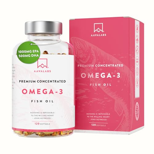 AAVALABS Omega 3 2000mg por dosis diaria (2 cápsulas) - 1000mg de EPA + 500mg de DHA - Ácidos Grasos de Alta Potencia - Destilado Molecularmente - 120 Cápsulas - 60 días de suministro
