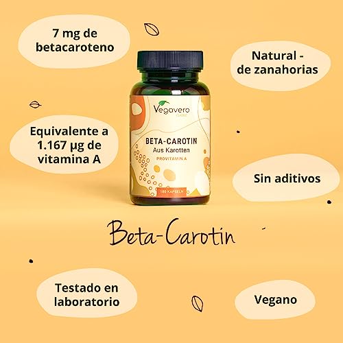 Betacaroteno Vegavero® | Para 6 Meses | NATURAL & VEGANO | Sin Aditivos | Acelerador Bronceado | Extracto de Zanahoria | Con en Vitamina A | 180 Capsulas