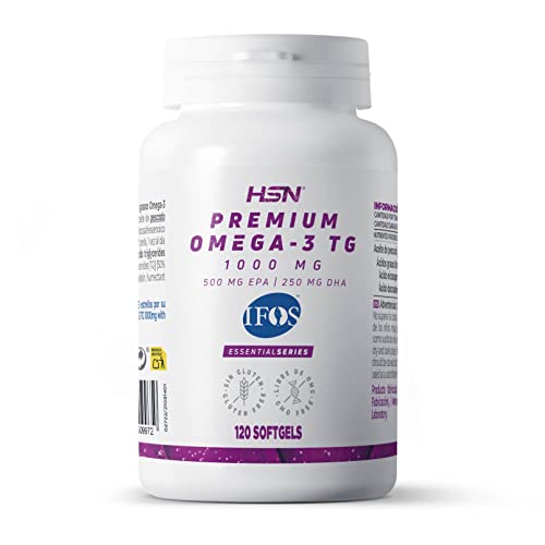 Premium Omega 3 de HSN | 5 Estrellas IFOS | 120 Perlas con 500 mg de EPA + 250 mg DHA | 1000 mg Puro Aceite de Pescado en Forma de Triglicéridos Altamente Concentrado | No-GMO, Sin Gluten