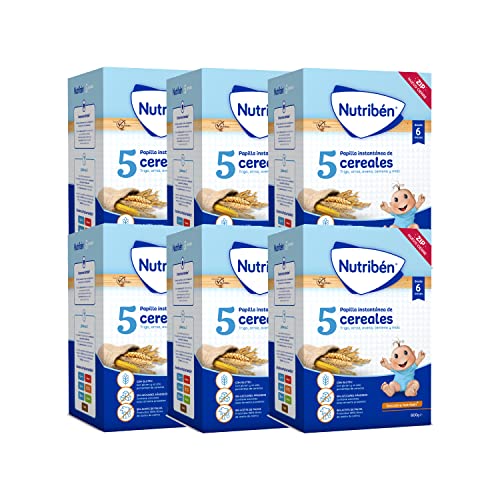 Nutribén Papilla de 5 Cereales | Alimento para Bebés a partir de 6 meses | Sin azúcares añadidos | Sin aceite de palma | Paquete de 6 unidades de 600g | 3600g
