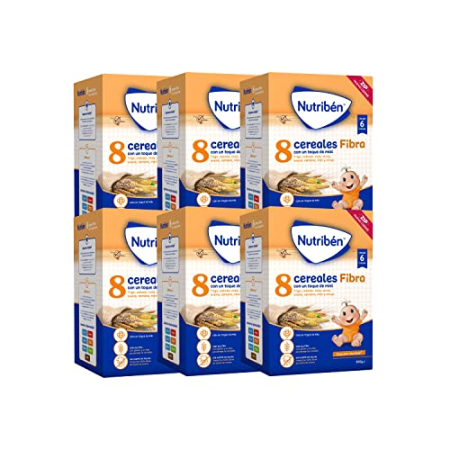 Nutribén Papilla 8 Cereales con un toque de Miel y Fibra | Alimento para Bebés a partir de 6 meses | Sin azúcares añadidos | Sin aceite de palma | Paquete de 6 unidades de 600g | 3600g