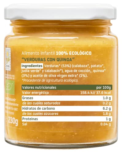 Smileat - Tarrito Ecológico de Verduras, Ingredientes Naturales, para Bebés desde 6 Meses, Sano y Saludable, sin Gluten, Sabor Verdura con Quinoa - Tarro de 230 g