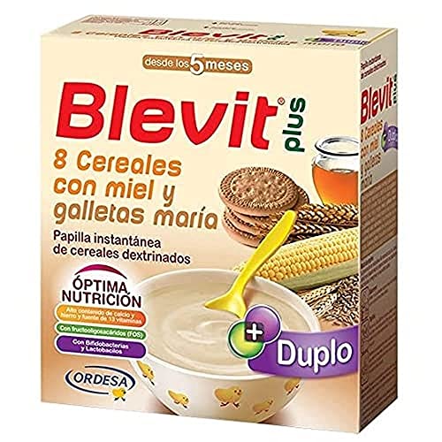 Blevit Plus Duplo 8 Cereales con Miel y Galletas María - Papilla de Cereales para Bebé con Fibra y elevado Valor Nutricional - Favorece la Digestión - Desde los 5 meses - 600g