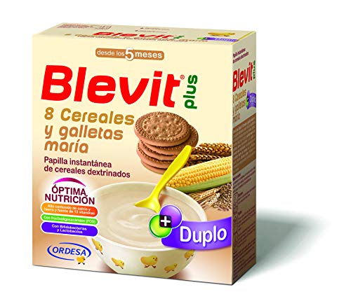 Blevit Plus Duplo 8 Cereales y Galletas María - Papilla de Cereales para Bebé con Fibra y sabor a Galletas - Favorece la Digestión - Desde los 5 meses - 600g