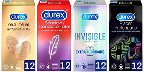 Durex Preservativos Real Feel + Sensitivo Contacto Total + Invisible Extra Lubricado + Placer Prolongado, 4x12 condones